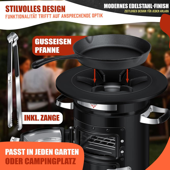 KESSER® Raketenofen Inkl. Grillpfanne aus Gusseisen mit Tragetasche Dutch Oven BBQ Rakete Holzofen C