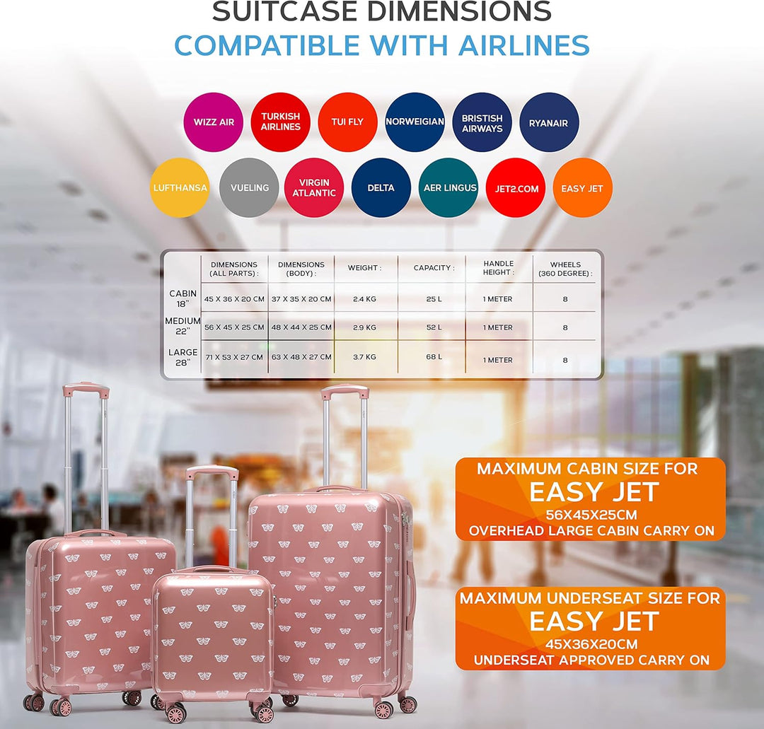 Flight Knight Luggage Set - 8 Wheel Hard Case Suitcases - Side Lock - Cabin & Check-In Large Sizes -