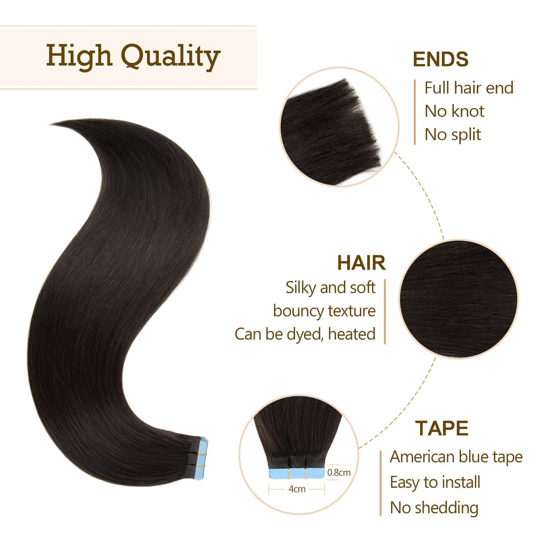 Tape in Extensions Echthaar Natur Schwarz, 12 Zoll 20pcs 40g, Starker Halt Tape Ins, schweissresiste