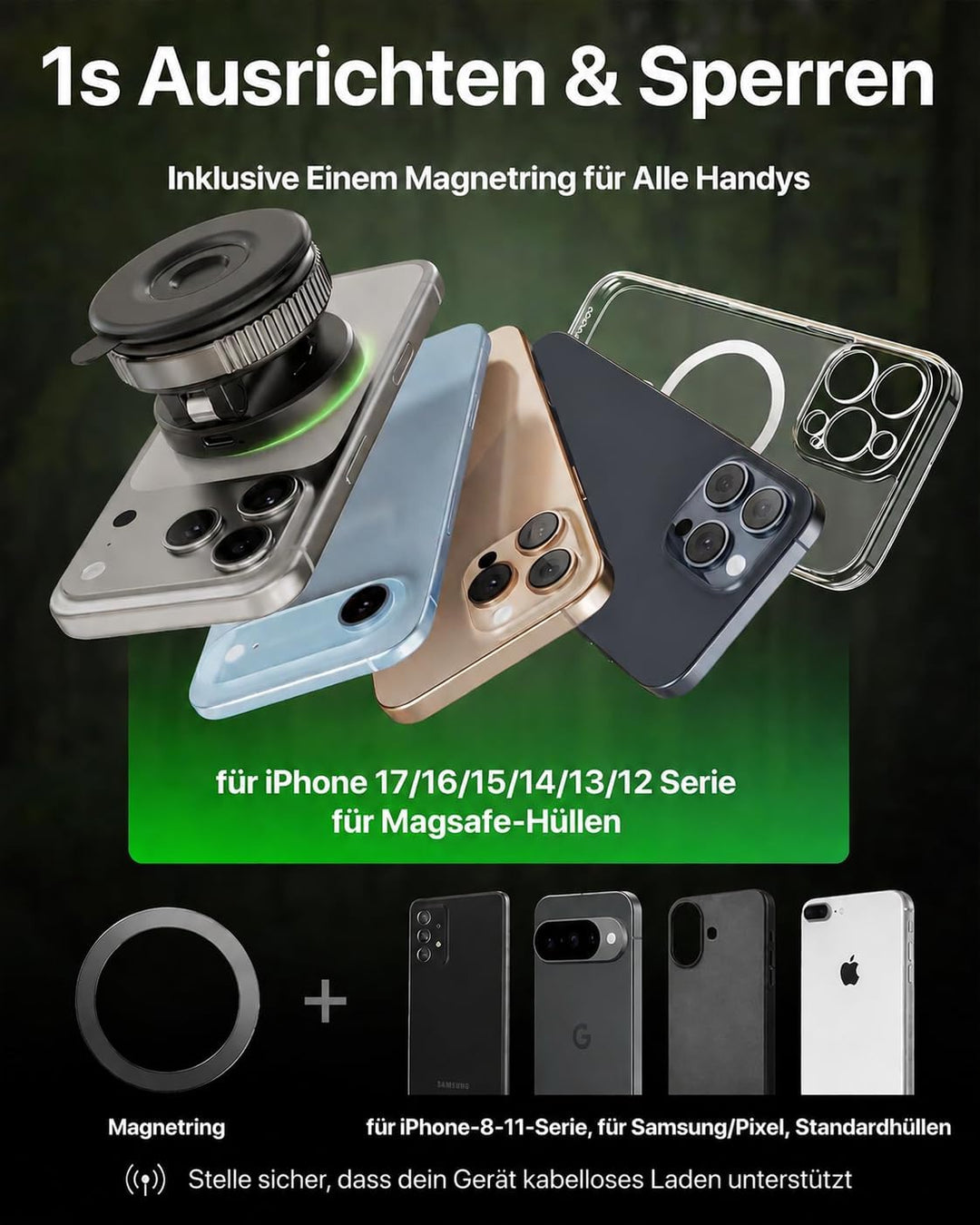 YOSH für MagSafe Autohalterung mit Ladefunktion, [300N Vakuum-Saugnapf & 22×N55 Magnete], 15W Schnel