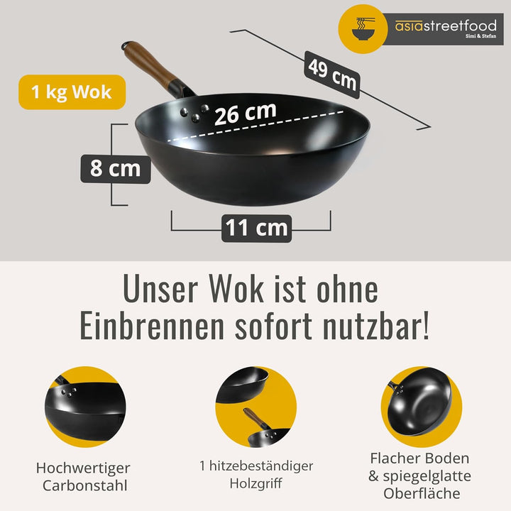Der perfekte Wok, Ø 26cm – Robuster Carbonstahl-Wok mit flachem Boden - Holzgriff – Geeignet für Gas
