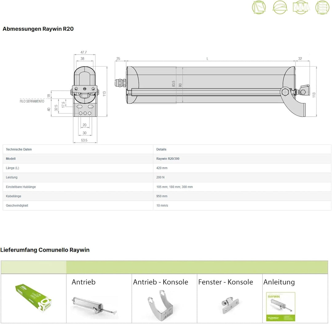 Fensterantrieb RAYWIN R20/300, 230V 200N Fensteröffner für Deckenfenster, Dachluken, Kuppelfenster