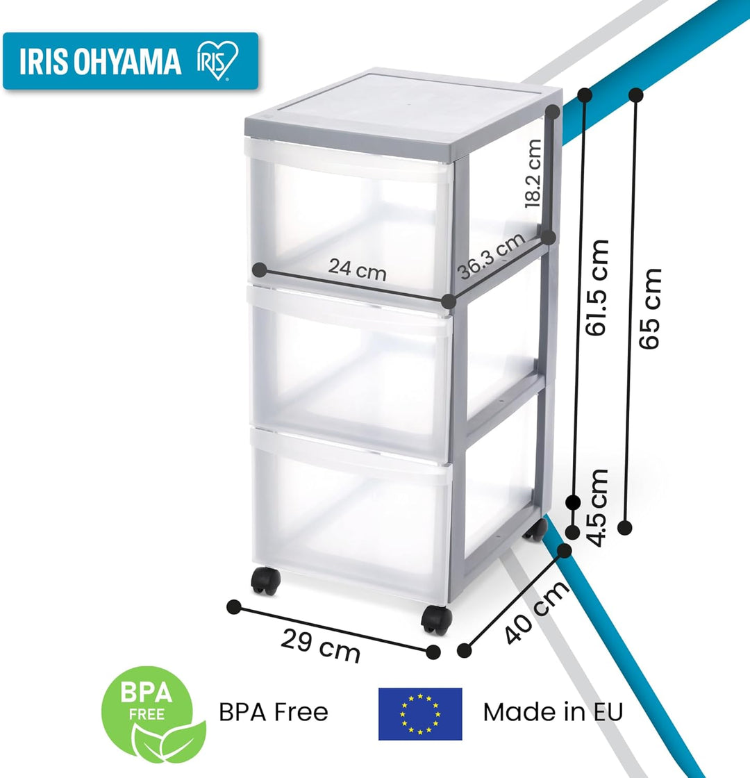 Iris Ohyama Kunststoff-Schubladenbox mit Rollen, 3 tiefen Schubladen, Grau, Griffe zum Ziehen, Für S