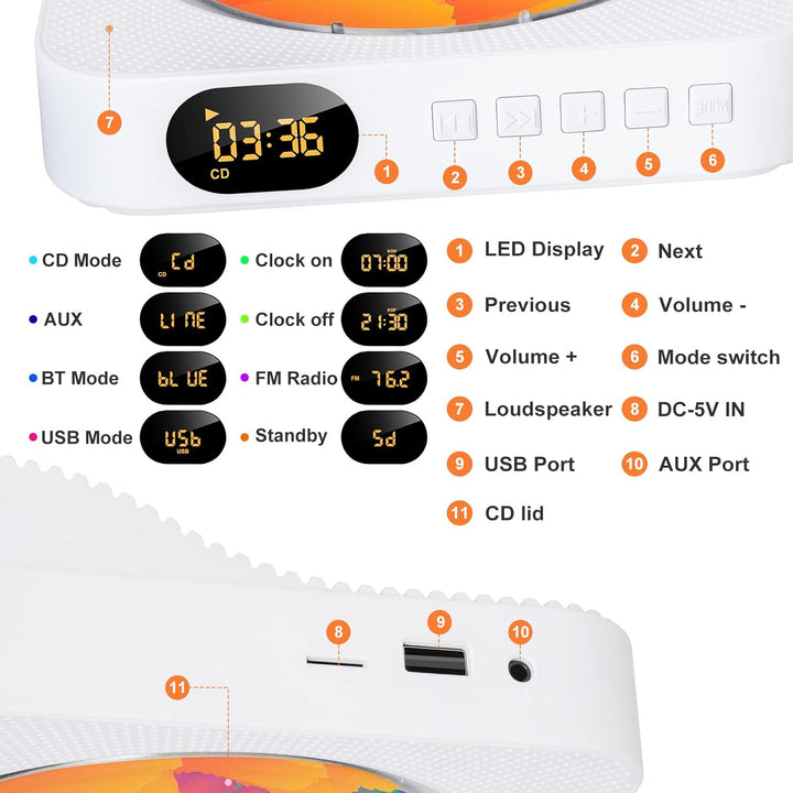 Liphier Tragbarer Bluetooth-Musik-CD-Player – Desktop-Multifunktionaler Kpop-CD-Player mit HiFi-Soun