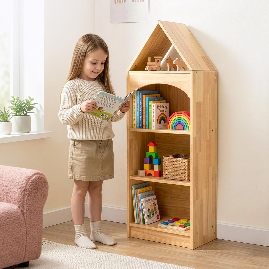 OOOK Gummiholz Kinder Bücherregal, Spielzeugaufbewahrung mit 4 Etagen, Eckregal für Kinderzimmer, Sp