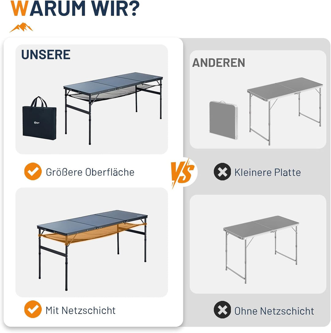 Portal Faltbarer Campingtisch 150x60cm Höhenverstellbar Robuster Klapptisch mit Tragegriff &amp; Ablagen