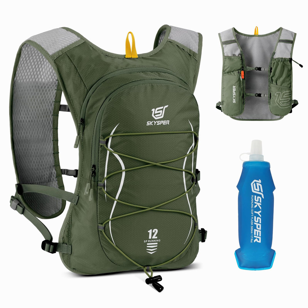 SKYSPER Laufweste für Damen Herren 12L Laufrucksack mit 500ml Trinkflasche Reflektierende Trinkweste