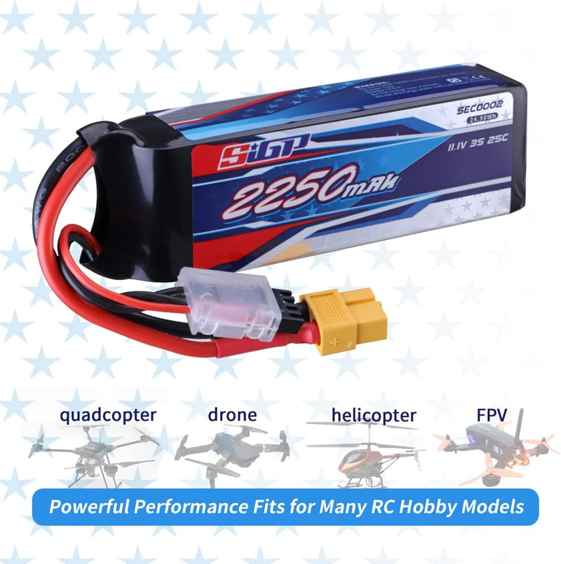 SIGP 3S 11,1V Lipo Akku 2250mAh 25C mit XT60-Stecker für RC Fahrzeuge,Auto,Tank,LKW,Boot,Truggy Raci