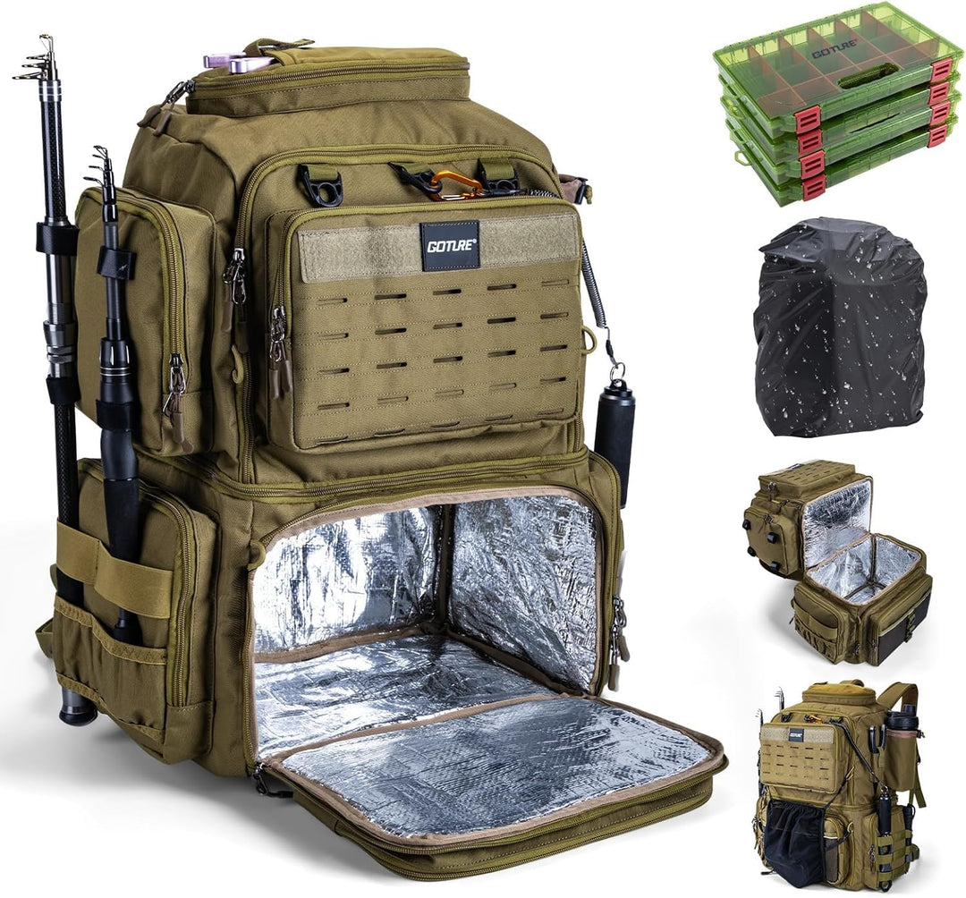 Goture Angelrucksack mit 4 Köderbox Angeln, 53-Liter Angelzubehör-Rucksack mit Zwei Rutenhaltern und
