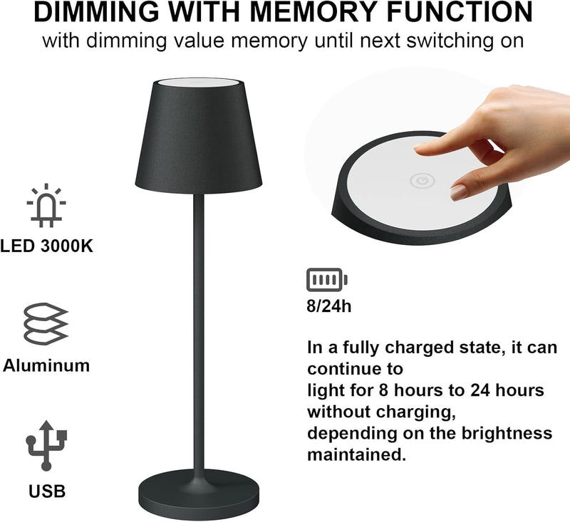 Klighten 2 Stück Dimmbare LED Akku Tischlampe, Warme Lichtfarbe 3000K, Aufladbar Designer Tischleuch