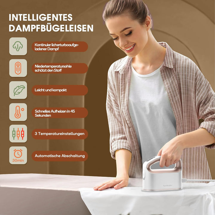 Newbealer Kleines Dampfbügeleisen, 1200W Reise Bügeleisen Dampf, 3 Dampfeinstellungen, Antihaft-Sohl