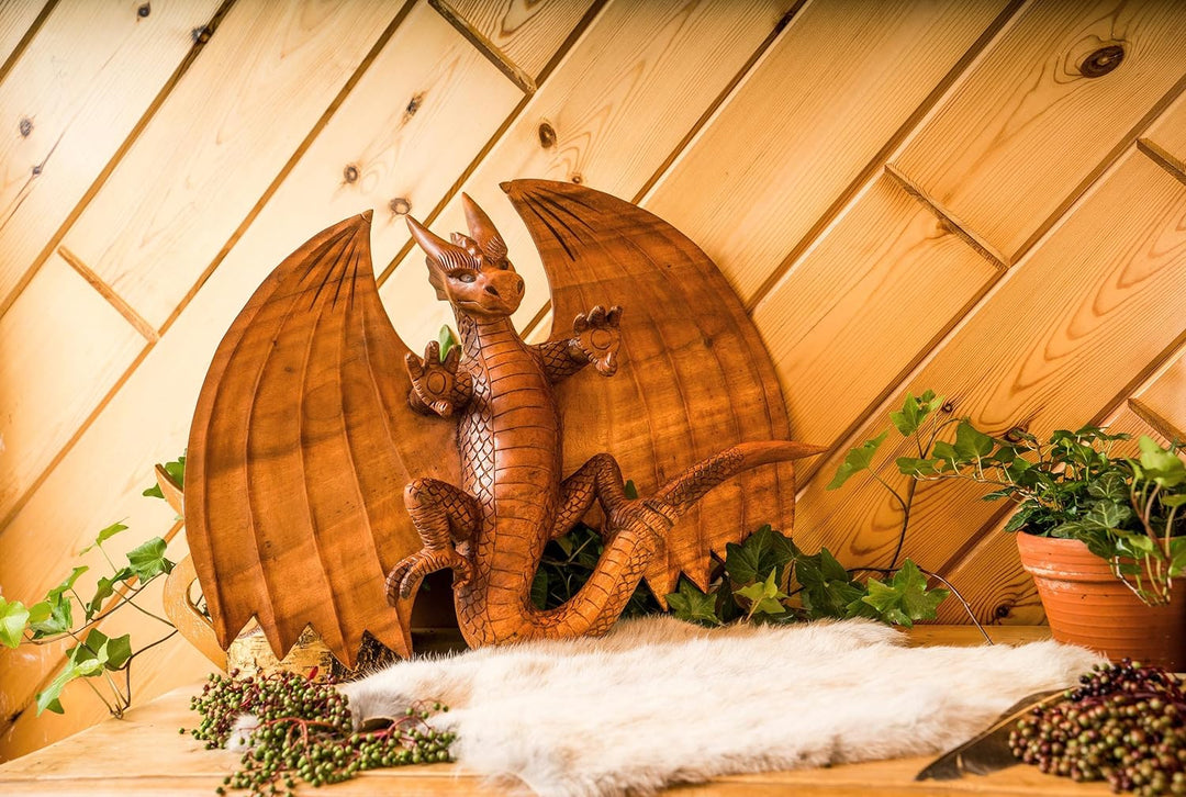 Windalf Handmade XL Drachen-Wandbild FURIMOR 50 cm Wikinger Drachenfigur Wandobjekt Wandrelief Holz