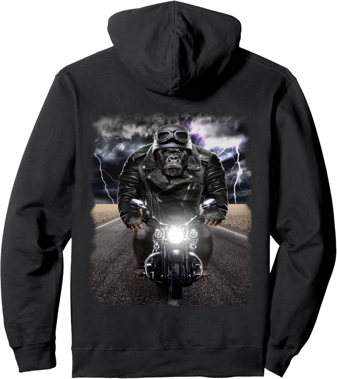 Gorilla reitendes Motorrad auf der Autobahn Pullover Hoodie