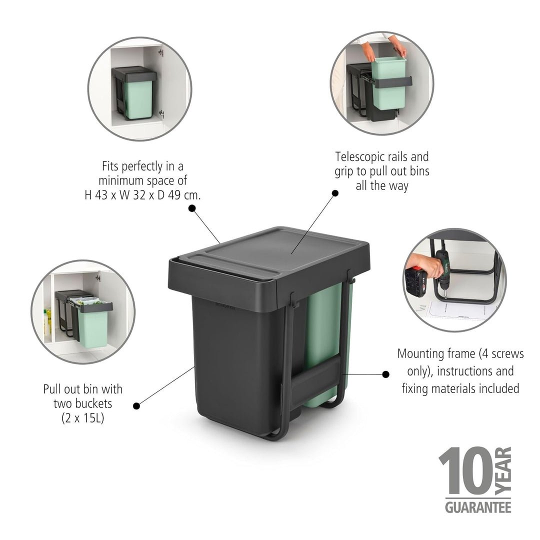 Brabantia Sort & Go Ausziehmülleimer | 2 x 15 l Einbaumülleimer für die Unterschranktür | Integriert