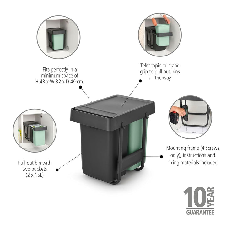 Brabantia Sort & Go Ausziehmülleimer | 2 x 15 l Einbaumülleimer für die Unterschranktür | Integriert
