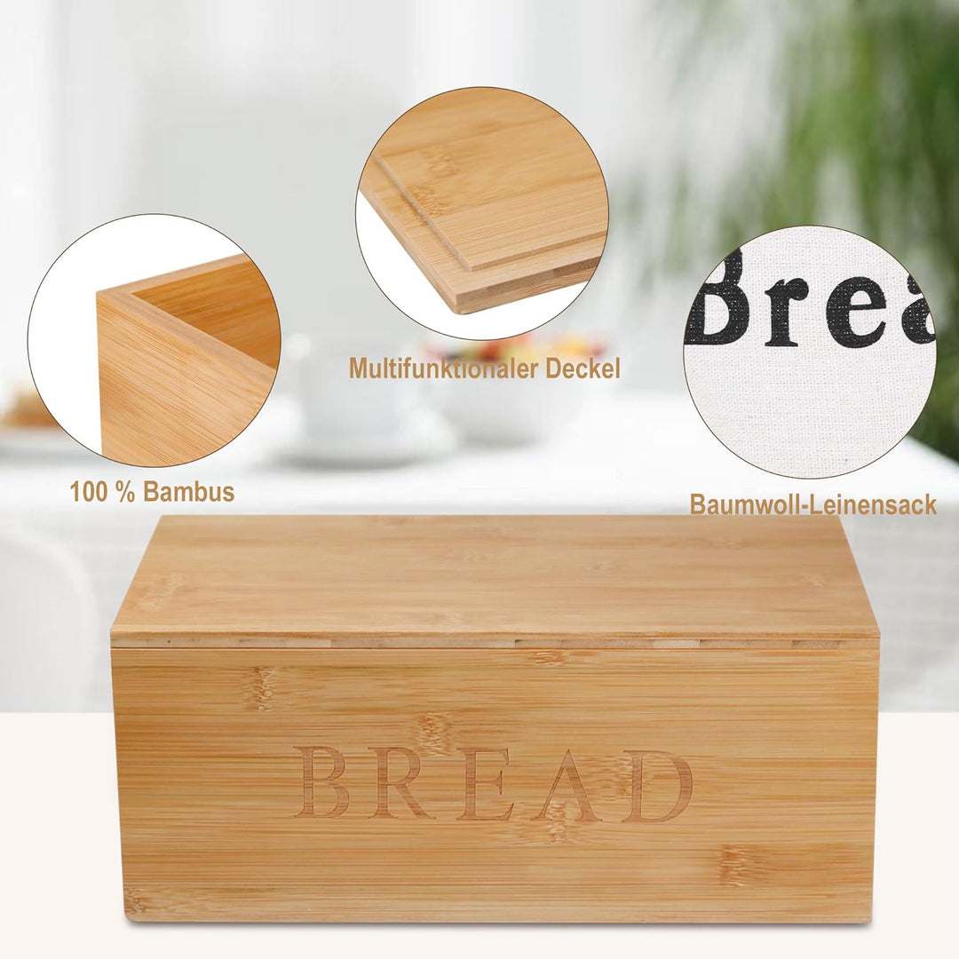 Brotkasten Holz mit Schneidebrett Deckel & Leinenbeutel – Bambus Brotdose für frische Brotaufbewahru