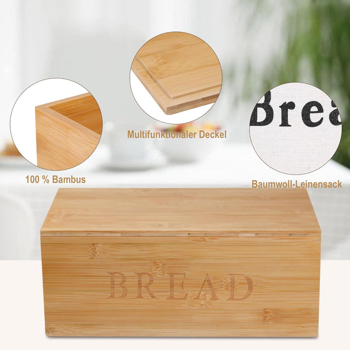 Brotkasten Holz mit Schneidebrett Deckel & Leinenbeutel – Bambus Brotdose für frische Brotaufbewahru