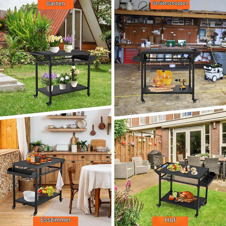 GarveeTech Grillwagen Outdoor – Mobiler Grilltisch mit 3 Ablagen, Gitterablage, Rollen &amp; Haken für G