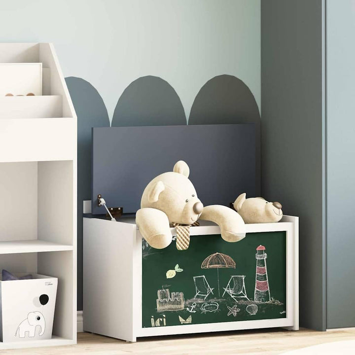 Spielzeugtruhe mit Tafelvorderseite ROROS in Grau und Weiss, Holzwerkstoff Stauraumbox 73 x 40 x 55