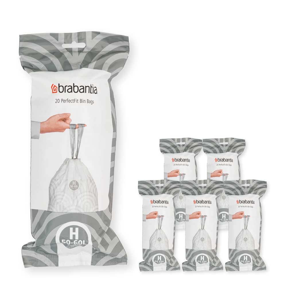 Brabantia Müllbeutel PerfectFit Multipack (Code H - 50l / 60L) Extra Starke Müllsäcke mit Zugband, 6