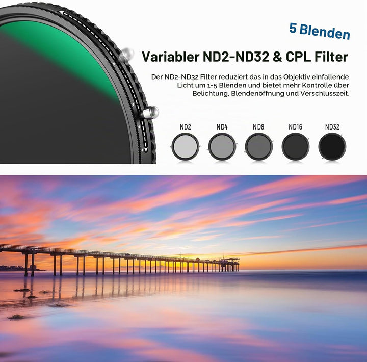 NEEWER 2 in 1 43mm Variable ND Filter ND2-ND32&amp;CPL (Zirkular Polfilter) No X Cross Variabel Graufilt