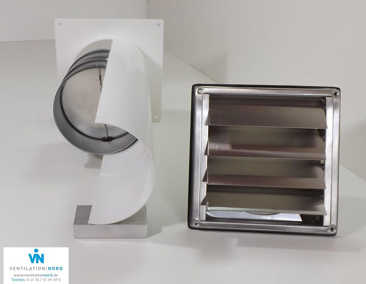 VentilationNord Edelstahl Mauerkasten mit Rückstauklappen für Dunstabzugshauben 150mm mit Blower Doo