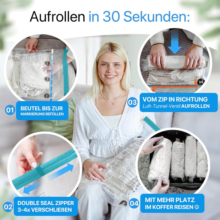 Vakuumbeutel für Kleidung Reise zum Rollen [12 Stück] in (5x 35x50 cm / 5x 40x60 cm / 2x 50x70 cm) -