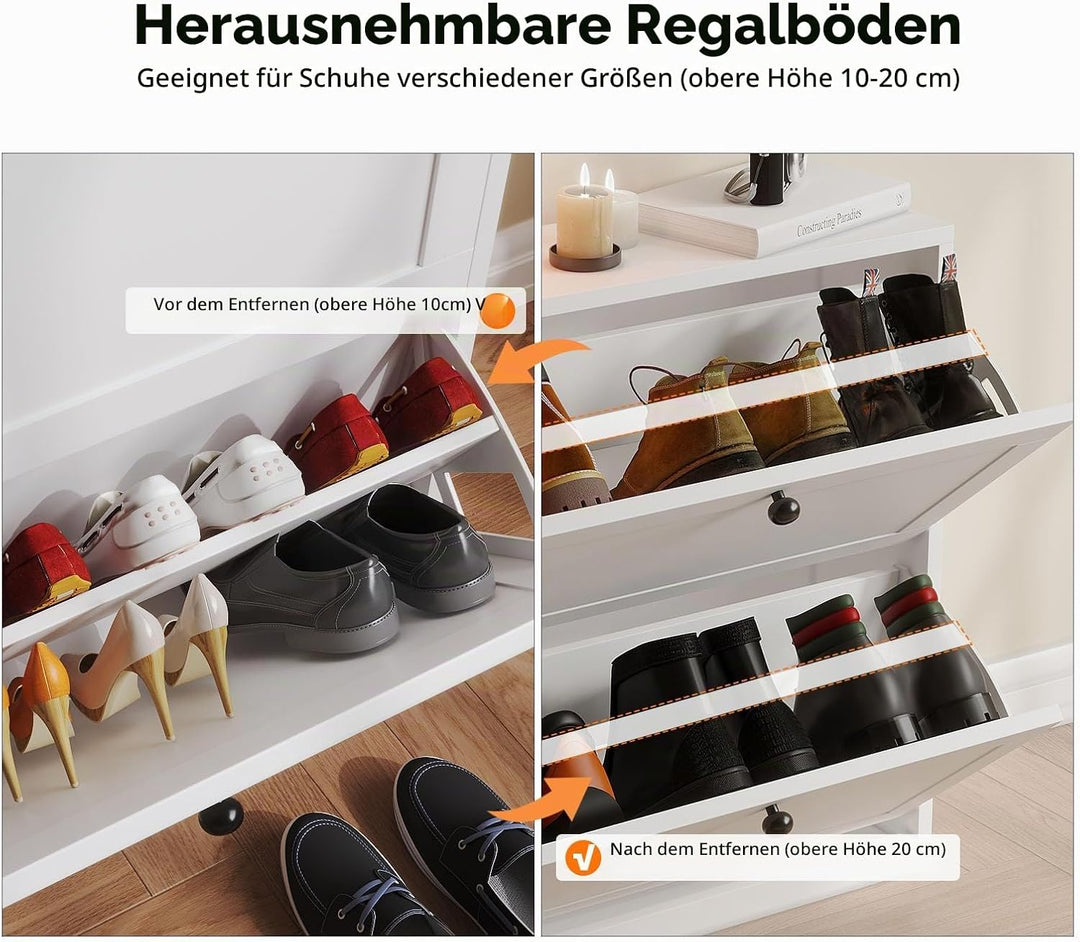 VOWNER Schuhschrank mit 2 Klappfächer, Schuhregal Schuhkipper Schmal, mit 4 Fächern, Schuhschrank We