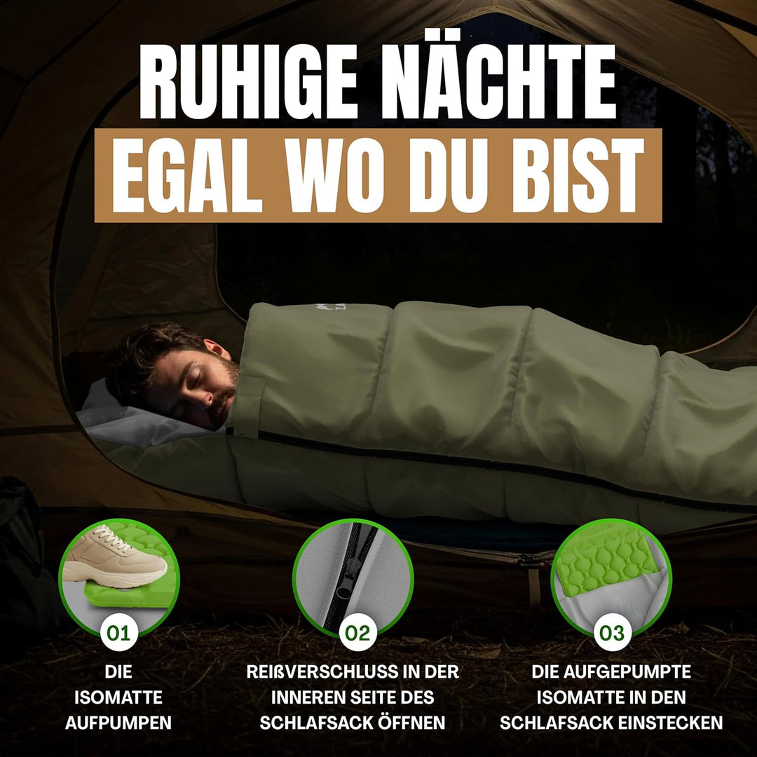 Schlafsack mit integrierbarer Isomatte &amp; Fusspumpe – Outdoor Set für Festival, Trekking und 3-Jahres
