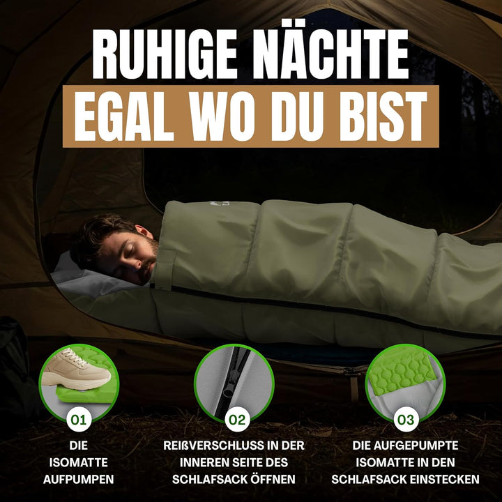 Schlafsack mit integrierbarer Isomatte &amp; Fusspumpe – Outdoor Set für Festival, Trekking und 3-Jahres