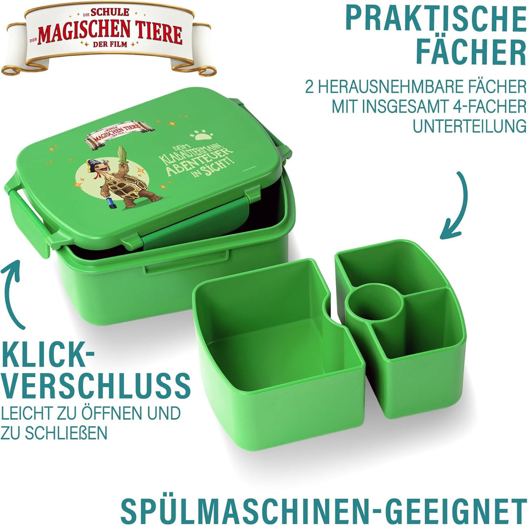 AWAVE Die Schule der Magischen Tiere Brotdose Kinder mit Fächern rPET Grün Henrietta Snackbox 1 L mi