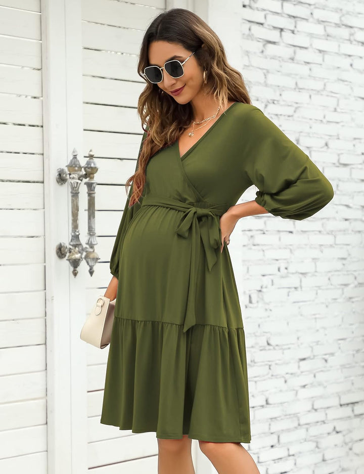 KOJOOIN Damen Umstandskleid V-Ausschnitt 3/4 Ärmel Stillkleid Rüschen Schwangerschafts Kleider mit G