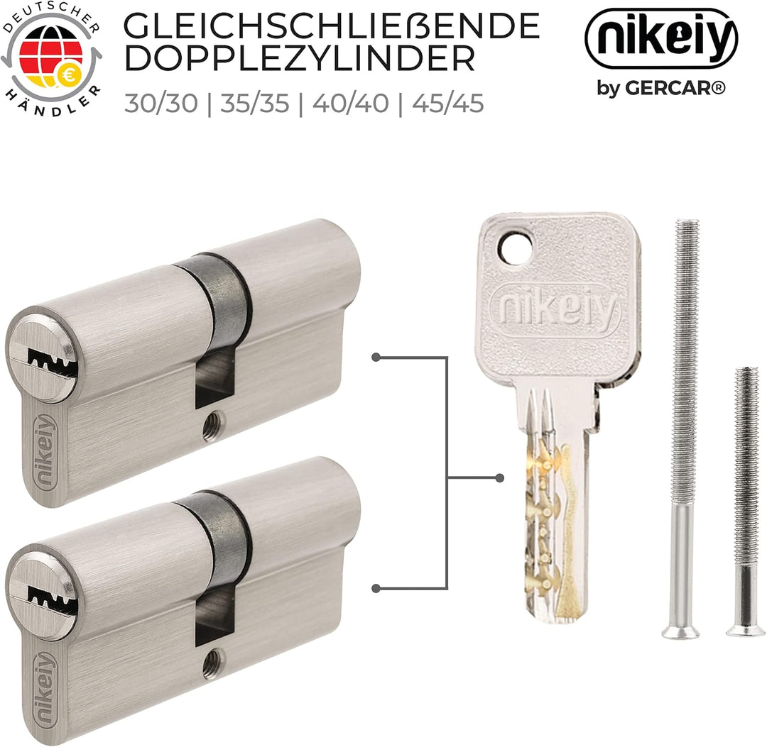 GERCAR Pro Profilzylinder 30/30 Massiver Schliesszylinder gleichschliessend 2er Set Doppelzylinder Z
