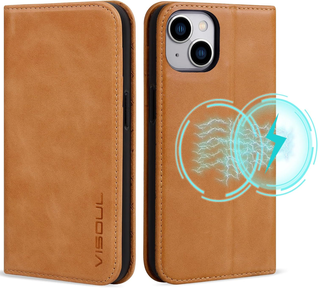 VISOUL Hülle für iPhone 15, Schutzhülle [Echt Leder] [Schützt vor Stoss] [Kartenfach] [Magnetverschl