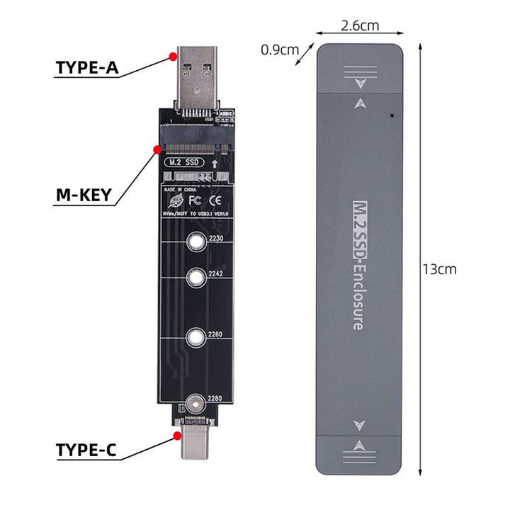 Cablecc Combo Typ-C & USB 3.0 zu NVME M-Key M.2 NGFF SATA SSD PCBA Gehäuse 2280/2242/2230mm Adapter