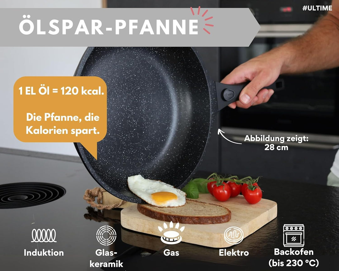 DIVORY grosse Pfanne 28cm I Abnehmbarer Griff, Induktion, beschichtet, Aluminium – Bratpfanne gross