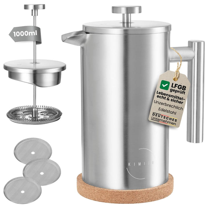 French Press Edelstahl 1000ml I Thermo Kaffeebereiter isoliert I Doppelwandig incl. 3 Ersatzfilter &