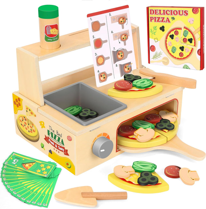 Charmofun Pizza Kinderküche Zubehör Holz, Kinderküche Zubehör Spielküche Pizza Set mit Pizzaofen Sch