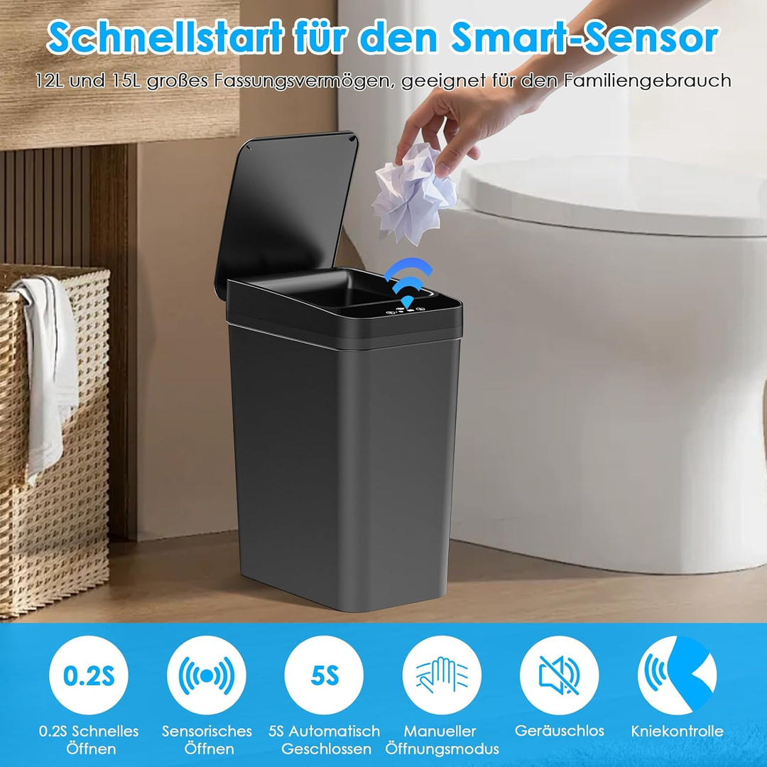 Dreamhigh 2er Set Mülleimer Mit Sensor, 15L &amp; 12L Elektrischer Mülleimer Mit Automatischem Deckel, S