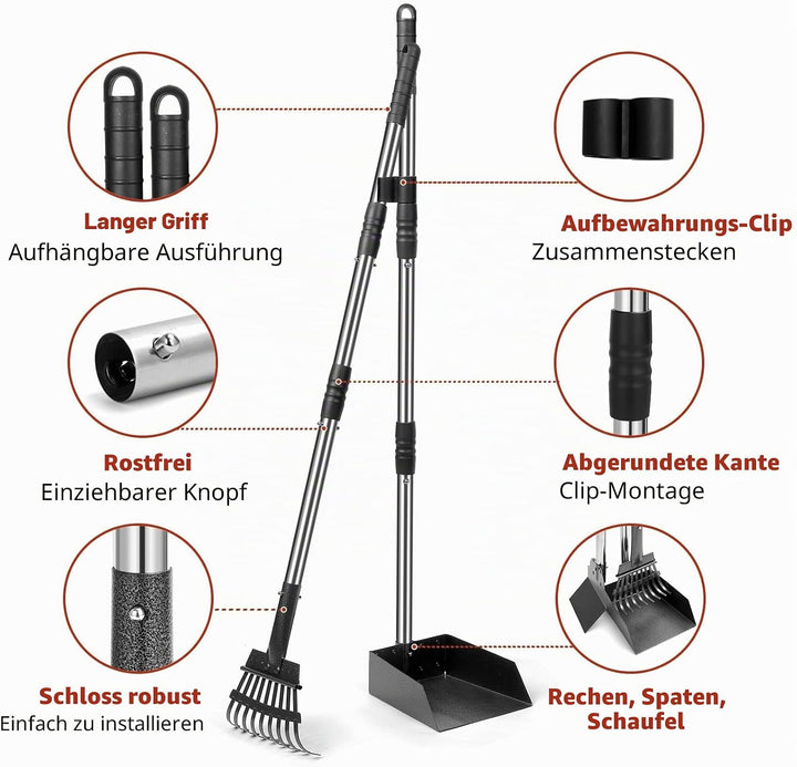Hundekotschaufel Set mit 96cm langem Griff – Abnehmbares Metalltablett, Rechen für grosse, mittelgro