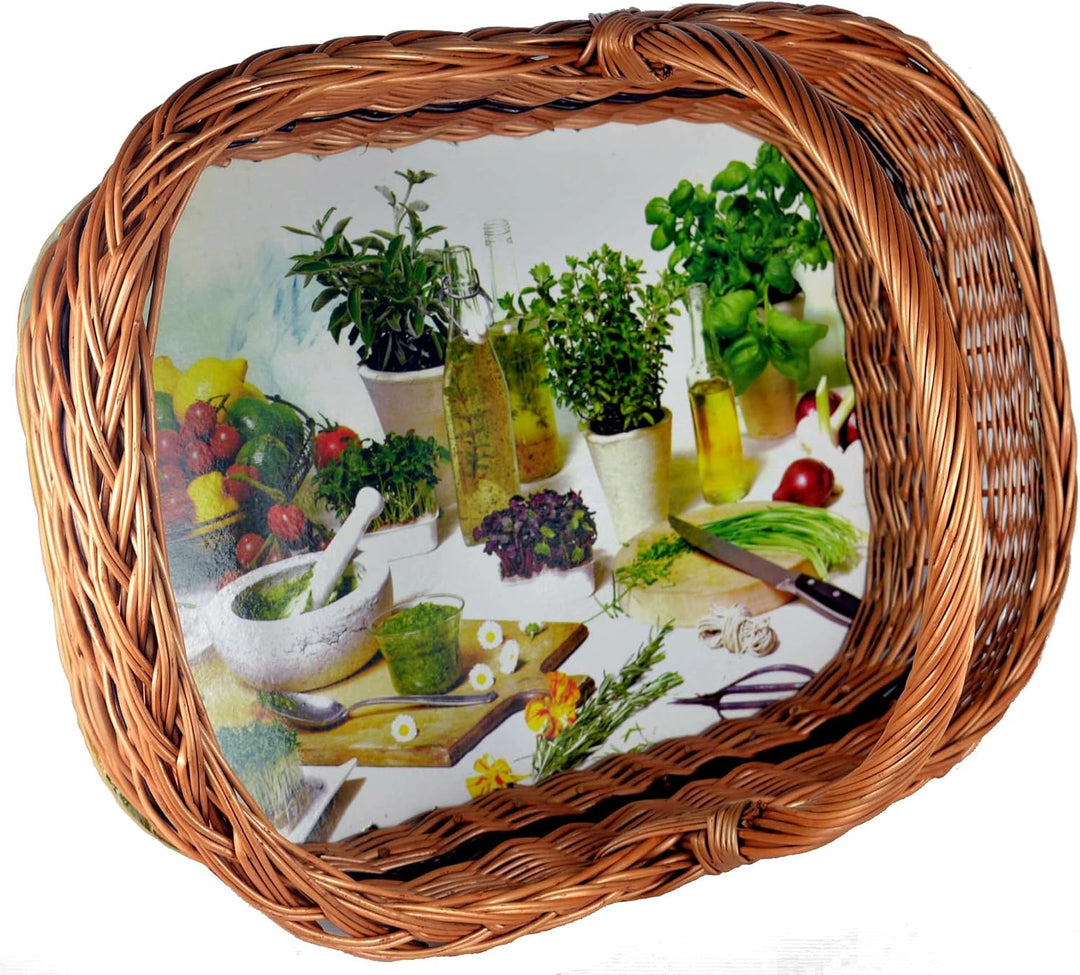 Tablett Serviertablett aus Weide mit festem Henkel und Bodenplatte mit Motiven zur Auswahl – 56×39×3