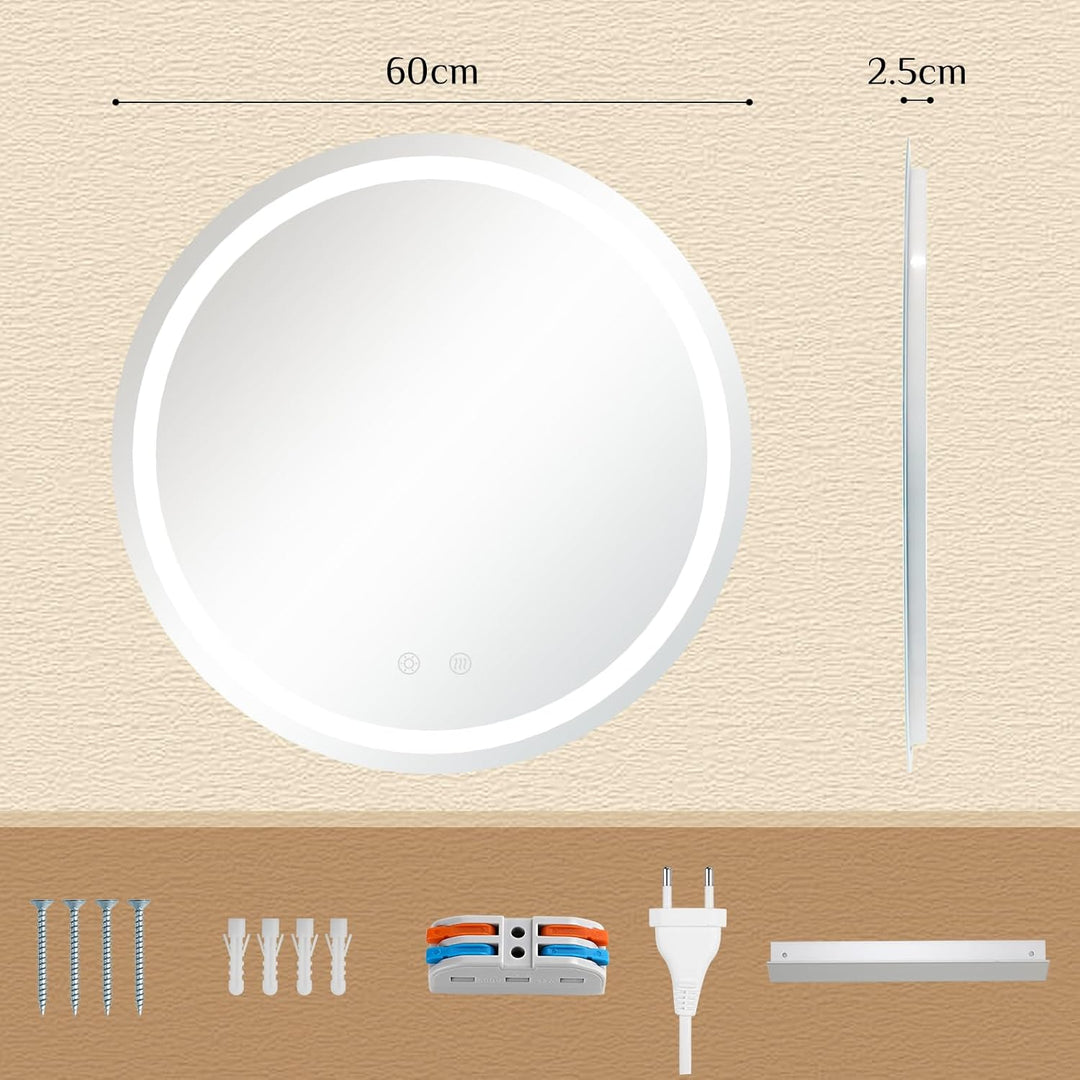 Clevich Badspiegel mit Beleuchtung Rund 60 cm, LED Spiegel mit 3 Lichtfarben Dimmbar, Gehärtetes Gla