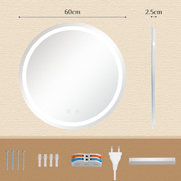 Clevich Badspiegel mit Beleuchtung Rund 60 cm, LED Spiegel mit 3 Lichtfarben Dimmbar, Gehärtetes Gla
