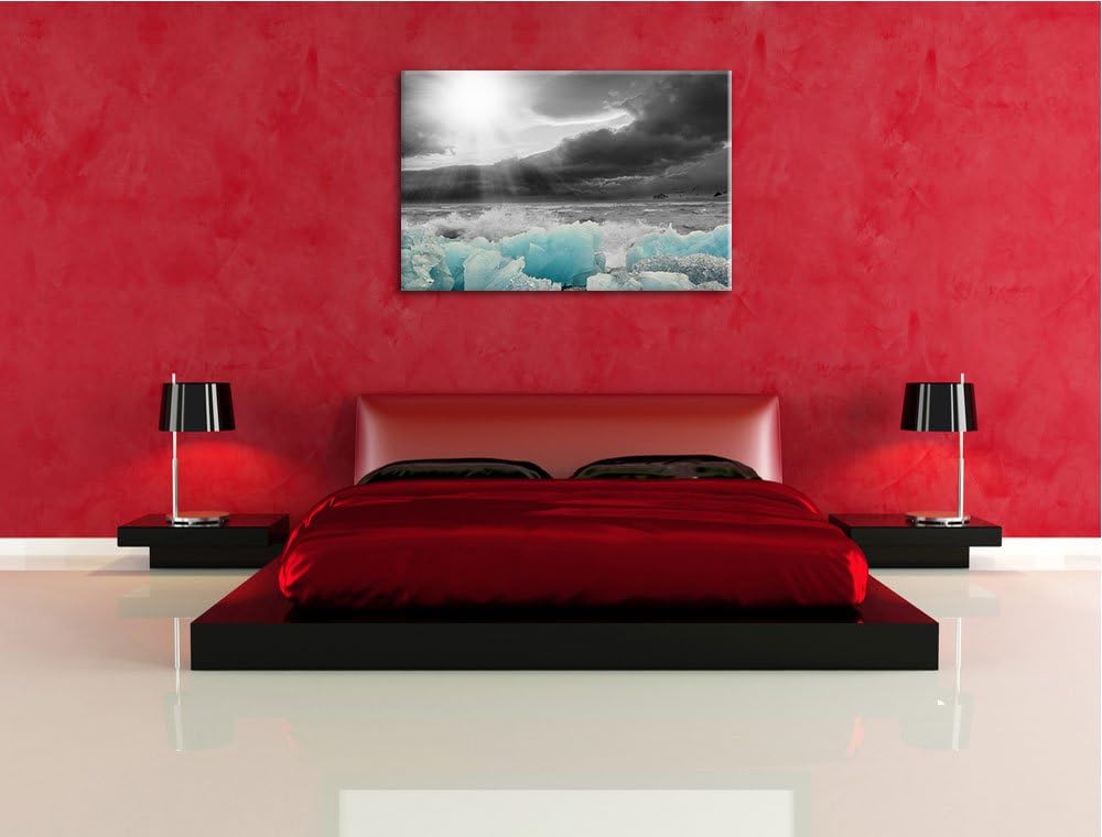 blaues Polareis an der Küste schwarz/weiss Format: 100x70 auf Leinwand, XXL riesige Bilder fertig ge