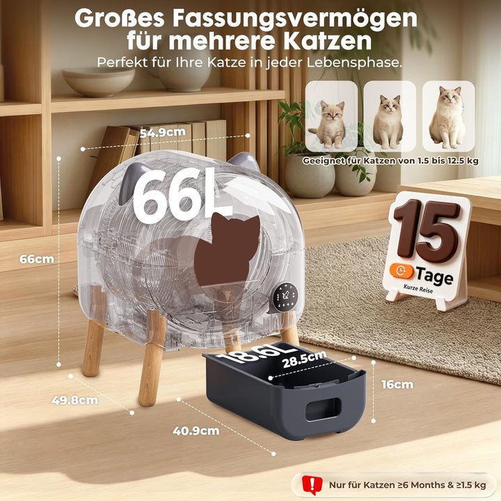 GTPLAYER Katzenklo Selbstreinigend, 66L Automatisches Katzenklo Mit App & Sensoren, Anti-Einklemmung