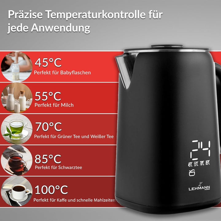 Lehmann Edelstahl Wasserkocher mit Temperaturhaltung, 1,7 Liter, Temperaturkontrolle 45-100℃, Edelst