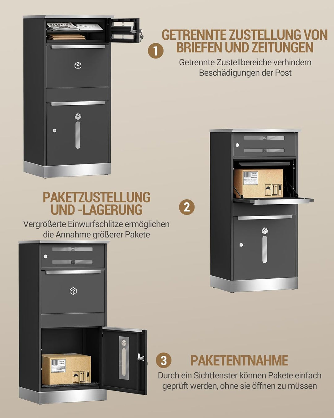 Hzuaneri Paketbox, Paketbriefkasten XXL mit Paketfach, Sichtfenster, Stahl, Abschliessbar, Standbrie