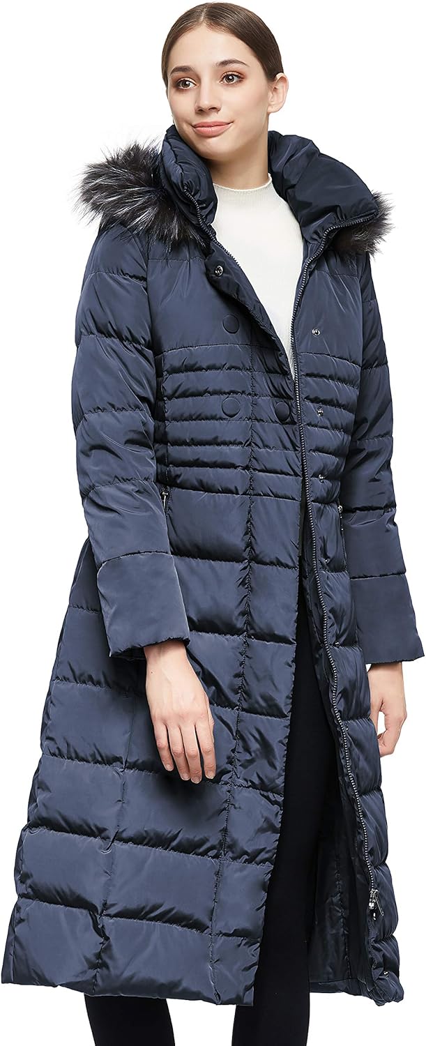 Orolay Damen Daunenmantel Lang Warm Winterjacke mit Kapuze Kunstpelz XXL Marine, XXL Marine