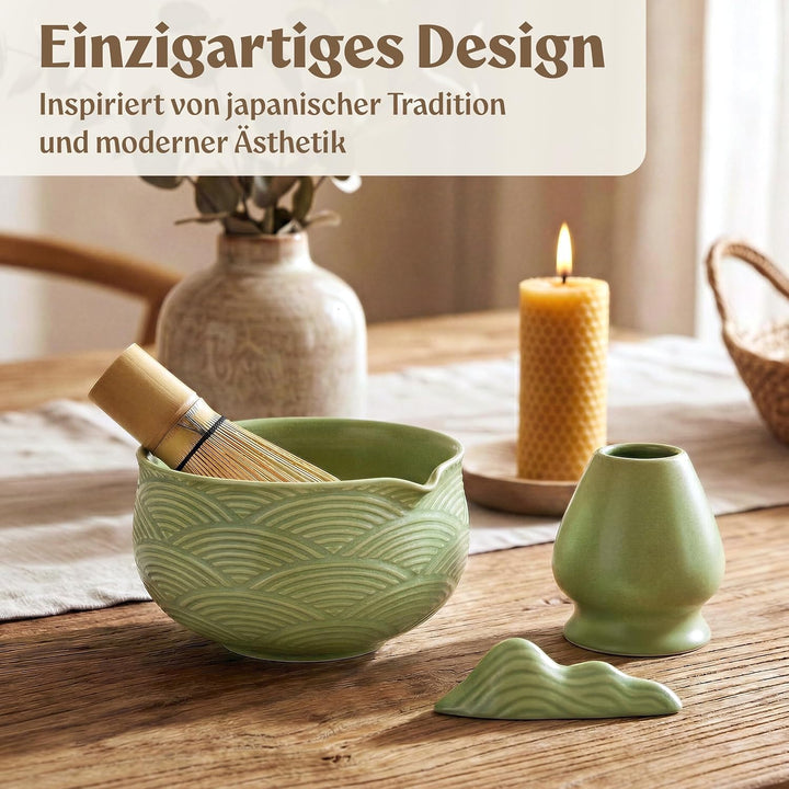 Matcha Set (7 Teilig) Matcha Schale mit Besen, Sieb, Löffel - Einzigartiges Design Ceremonial Grade