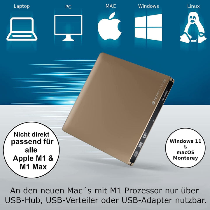 techPulse120 externer DVD CD M-Disc USB 3.0 Type C Brenner Writer Alu Champagner Gold Burner Superdr
